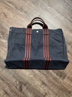 Hermes Navy Canvas Fourre Tout Tote with Brown & Navy Straps